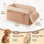 QUMY Middle Center Console Dog Car Seats for Small Dogs Up to 11lbs, Khaki | Portable Dog Booster Car Seat, Multi-Purpose Puppy CarSeat with Adjustable Harness, Small Dog Cat Pet Car Carriers for Travel