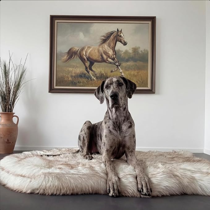 Faux Fur Orthopedic Dog Bed, Memory Foam, White w/Brown Tips 60"x35" | Plush Washable Dog Rug with Waterproof Machine Washable Cover, Calming for Anxious Senior Dogs, Relieves Joints