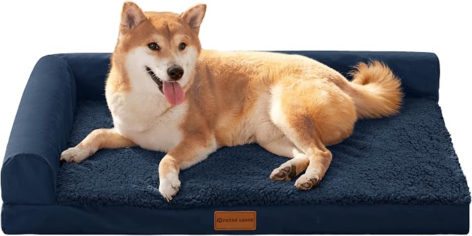 Patas Lague Orthopedic Large Dog Bed Pet Sofa Beds 36''X24'' Navy Blue | L Bolster Egg-Crate Foam Dog Couch For Large Sized Dogs, Waterproof Removable Washable Cover, Pet Mat with Nonskid Bottom