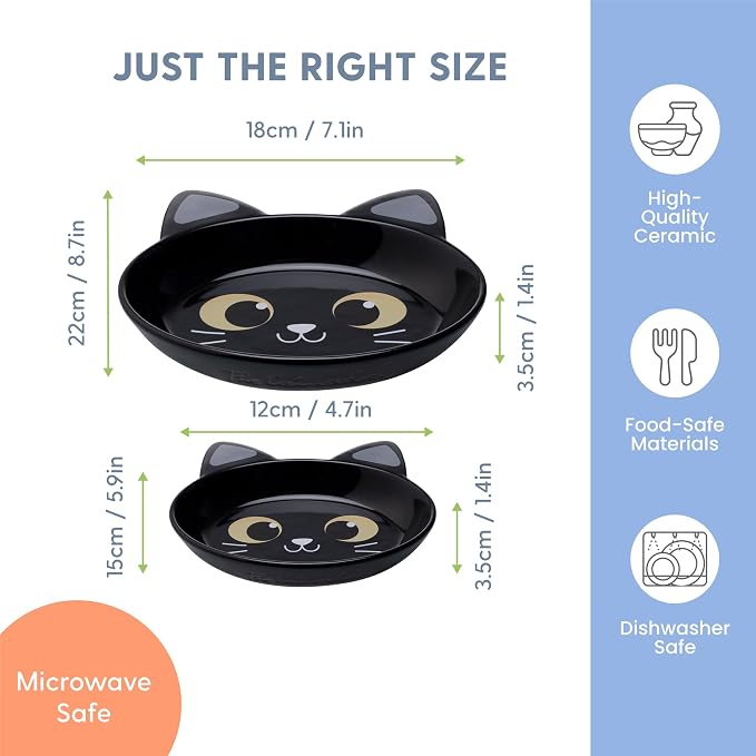 The Cat Ladies Ceramic Cat Bowls - Whisker Friendly Food Bowl - Cute Pet, Kitten Plates - Dishes for Indoor Cats - Dish for Wet Food & Water - Platos para Gatos - Black Cat, Set of 2
