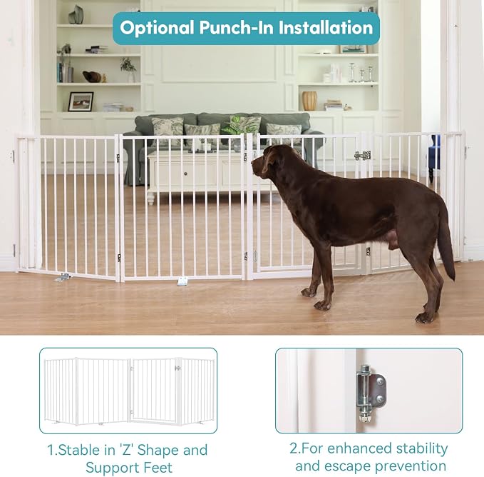 No Pawblems Full Metal Freestanding Dog Gate with Door, 30" Tall | Foldable Pet & Dog Fence for Stairs/Deck/Doorways, Indoor/Outdoor, Freestanding & Wall Mount, 78" Wide, 3 Panels, White