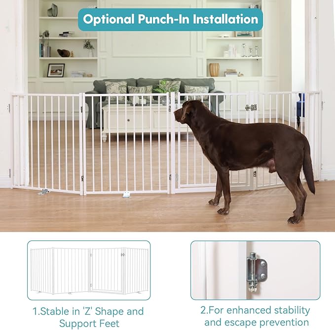 No Pawblems Full Metal Freestanding Dog Gate with Door, 30" Tall | Foldable Pet & Dog Fence for Stairs/Deck/Doorways, Indoor/Outdoor, Freestanding & Wall Mount, 104" Wide, 4 Panels, White