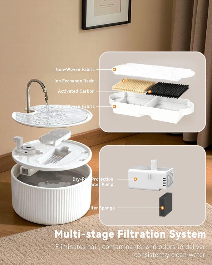 Ceramic Cat Water Fountain, 2.2L/74oz Cat Fountains for Drinking Indoor, Pet Water Fountain with Ultra-Quiet Pump (Fountain+5 Filters & 5 Sponges)