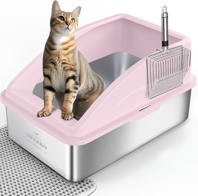 AIPERRO Stainless Steel Litter Box | XL Enclosed Cat Litter Boxes with Lid for Big Cats | High Sided, Anti-Urine Leakage | Non-Stick Bottom & Includes Litter Mat & Metal Scoop