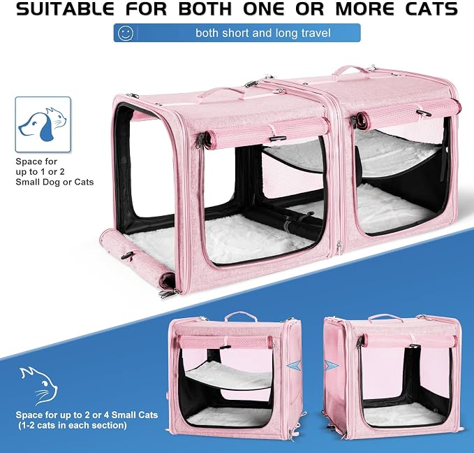 Extra Large Cat Carrier for 2 Cats with Travel Litter Box, 2-in-1 Foldable Soft Pet Car Travel Carrier with Zipper Locks for Multiple Cats Small Dogs Up to 45 Lbs, Pink