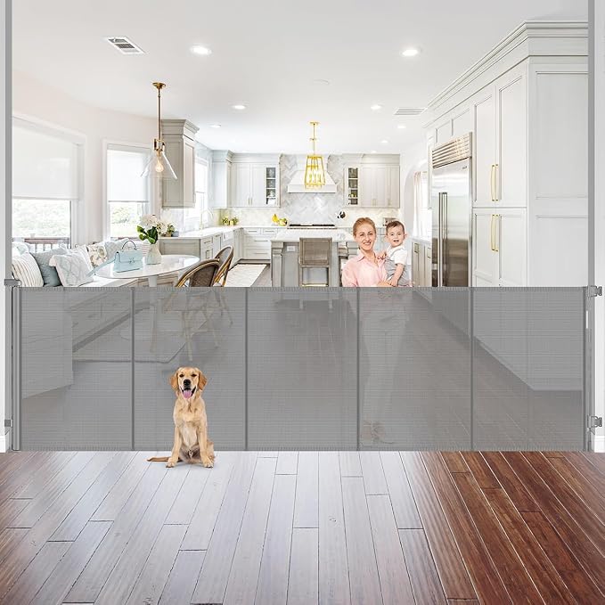 Reinforced 42" Tall Pet Gate x 96" Long Baby Gate, Prevents Crawling Under | Indoor/Outdoor Tall Retractable Gate, Space-Saving, One-Hand Operation Safety Lock, Scratch-Resistant Mesh, Easy Install/Gray