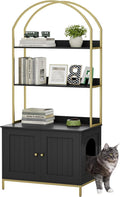 Homhedy Cat Litter Box Enclosure with 2-Tier Shelves, Black and Gold | Litter Box Furniture Hidden, Indoor Cat House, Wooden Cat Washroom Furniture with Metal Frame, Modern Style