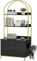 Homhedy Cat Litter Box Enclosure with 2-Tier Shelves, Black and Gold | Litter Box Furniture Hidden, Indoor Cat House, Wooden Cat Washroom Furniture with Metal Frame, Modern Style