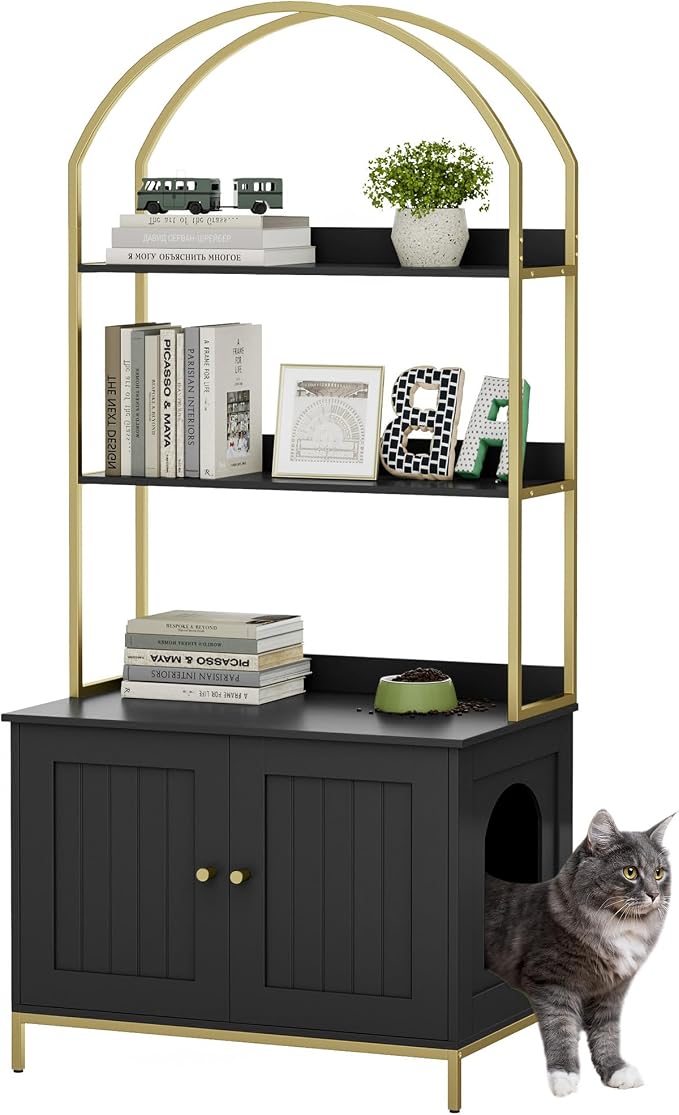 Homhedy Cat Litter Box Enclosure with 2-Tier Shelves, Black and Gold | Litter Box Furniture Hidden, Indoor Cat House, Wooden Cat Washroom Furniture with Metal Frame, Modern Style