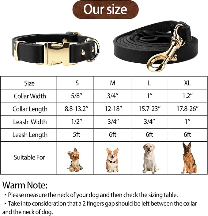 Leather Dog Collar and Leash Set, 6FT Heavy Duty Leather Training Leash with Adjustable Dog Collar, Soft and Durable Dogs Leashes and Collars Set for Small Medium Large Dogs (Black, XL)