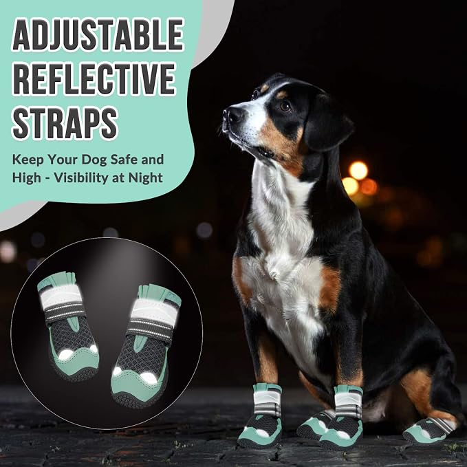 SlowTon Dog Shoes for Large Small Medium Dogs - Breathable Dog Boots for Summer Hot Pavement, Paw Protector for Outdoor Walking Winter Snow, Anti-Slip Rubber Dog Booties for Hardwood Floor (Green, 6)