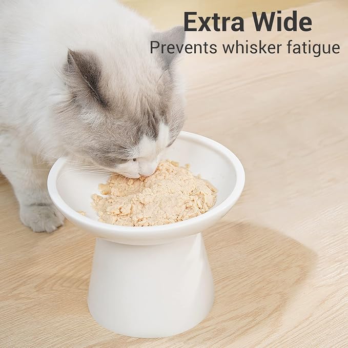 CEEFU 2-Pack Extra Wide Elevated Ceramic 6.2" Shallow Cat Food Bowls | Cat Dish for Whisker Fatigue Relief, 5" Height for Easy Feeding, Durable Raised, White