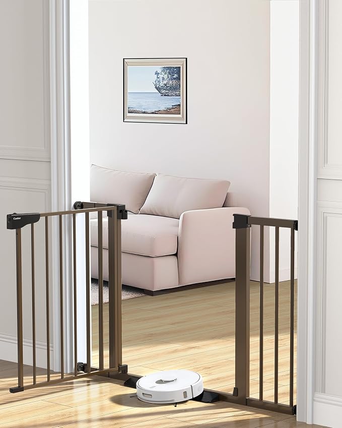 Cumbor 30-46" Baby Gate for Stairs, Mom's Choice Awards Winner-Auto Close Dog Gate for the House, Easy Install Pressure Mounted Pet Gates for Doorways, Easy Walk Thru Wide Safety Gate for Dog, Brown
