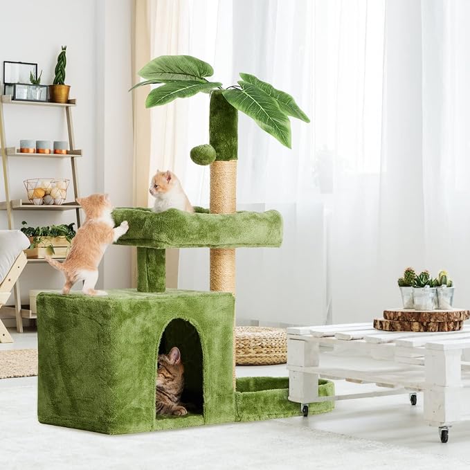 31.5inch Small Cat Tree Tower Condo for Indoor Cats, Soft Plush Multi-Level Climbing Tree Cat House with Cat Cave, Scratching Post, Sisal Rope, Green