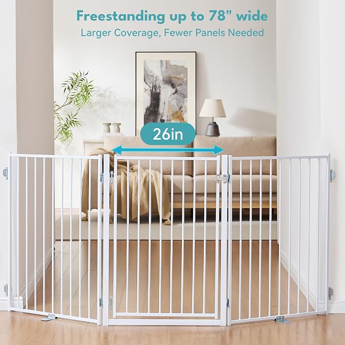 No Pawblems Full Metal Free Standing Dog Gate with Door, 36'' Tall | Foldable Dog Fence for Indoor & Outdoor, Up to 78 Inch Extra Wide Pet Gate for Stairs, Doorways, Deck, Yard, 3 Panels, White