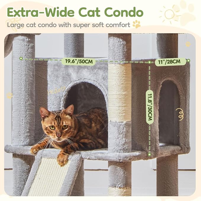 Taoqimiao Cat Tree for Large Cats, 72In Tall Cat Tower, Giant Platform | Widened Cat Condo with Large Scratch Board, 5 Scratching Posts, Metal Frame Hammcock, Cozy Basket, Light Gray, MS045W