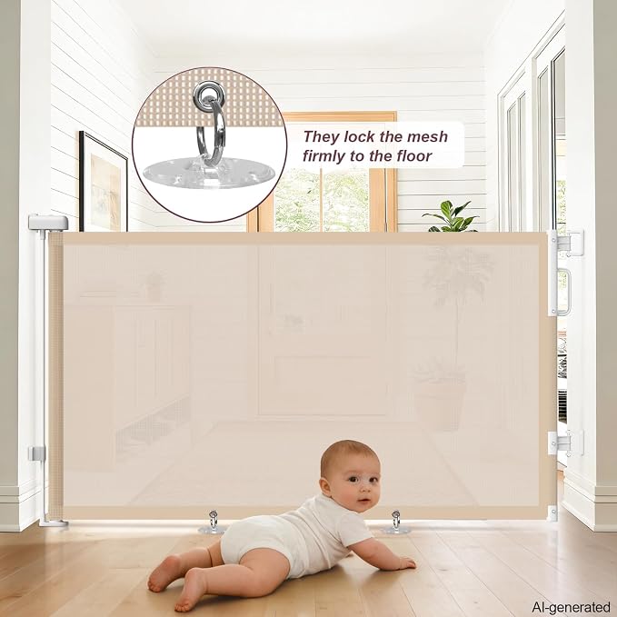 2Pack Retractable Baby Gates for Stair, 58" Extra Wide Mesh Dog Gate | Child Gate for Toddler Pet, Indoor and Outdoor Use, Easy Install, 34" Height, Beige