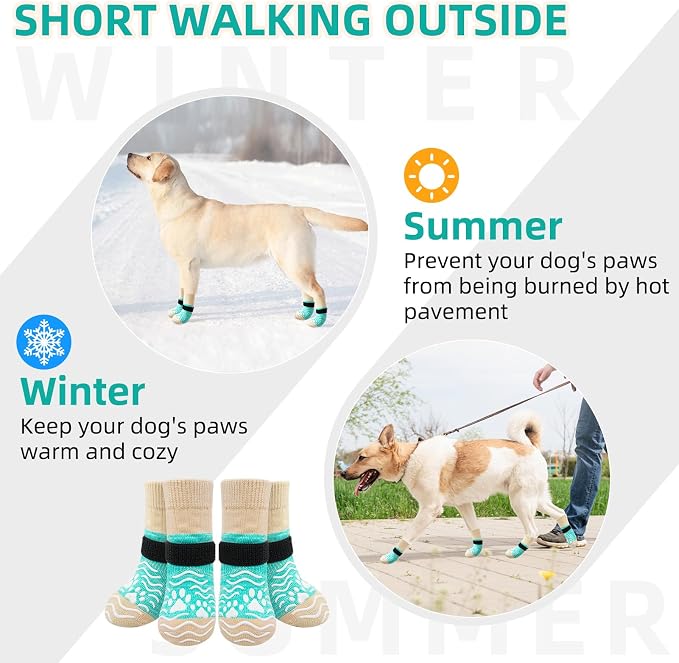 PUPTECK Anti Slip Dog Socks, Shoes with Grippers to Prevent Licking Hardwood Floors Traction, Rubber Boots & Paw Protectors for Small Medium Large Dogs Cold/Hot Pavement, Senior Dogs Booties Green