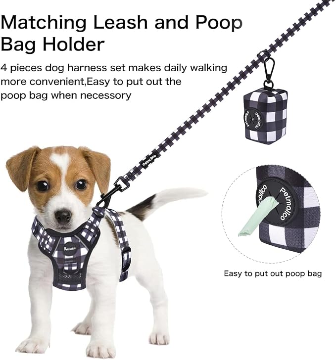 Petmolico No Pull Dog Harness Set with Leash Attachment Easy Control Handle Reflective Harness Vest Small Breed, Puppy Vest and Leash Set with Poop Bag Holder, Small - Plaid
