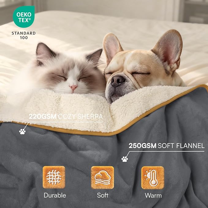 Luciphia Waterproof Blanket for Large Dog, Reversible Sherpa Couch Cover | waterproof pet blanket sherpa fleece reversible couch cover bed protector car from spills scratches, Grey+Beige 65" x 57"