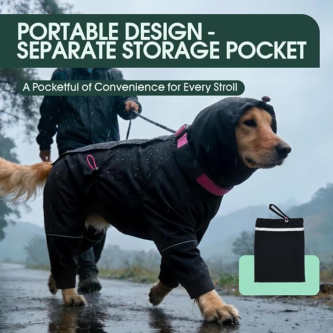 Kouser Waterproof Full-Body Coverage Dog Raincoat, Black S | Dog Raincoat with Reflective Stripes, Adjustable Dog Rain Jacket with Leash D-Ring, Hooded Poncho for Small Medium Large Dogs