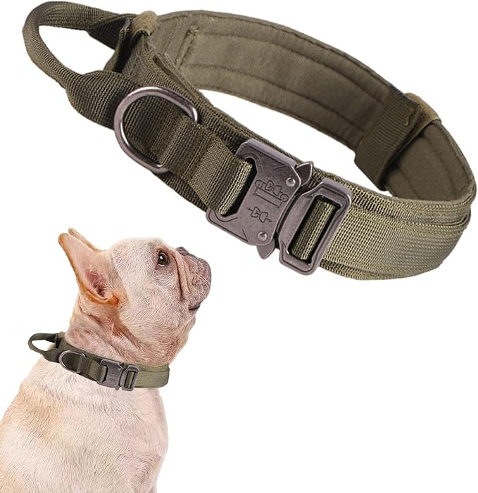 Tactical Dog Collar Adjustable Military Nylon Dog Collar with Control Handle and Heavy Duty Metal Buckle for Medium and Large Dogs (Green,S) | 1000D Heavy-Duty Nylon Fabric，Quick-Release Metal Buckle，Soft-Padded Webbing，Velcro Patch&D-Ring for Training...