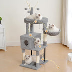 Heybly Cat Tree, 45.3" Cat Tower for Indoor Cats with Large Perch HCT202SW | All-in-One Cat Furniture with Cozy Bed, Hidden Space Cat Condo, Comfy Hammock, Scratching Posts & 3 Pompoms, Light Gray