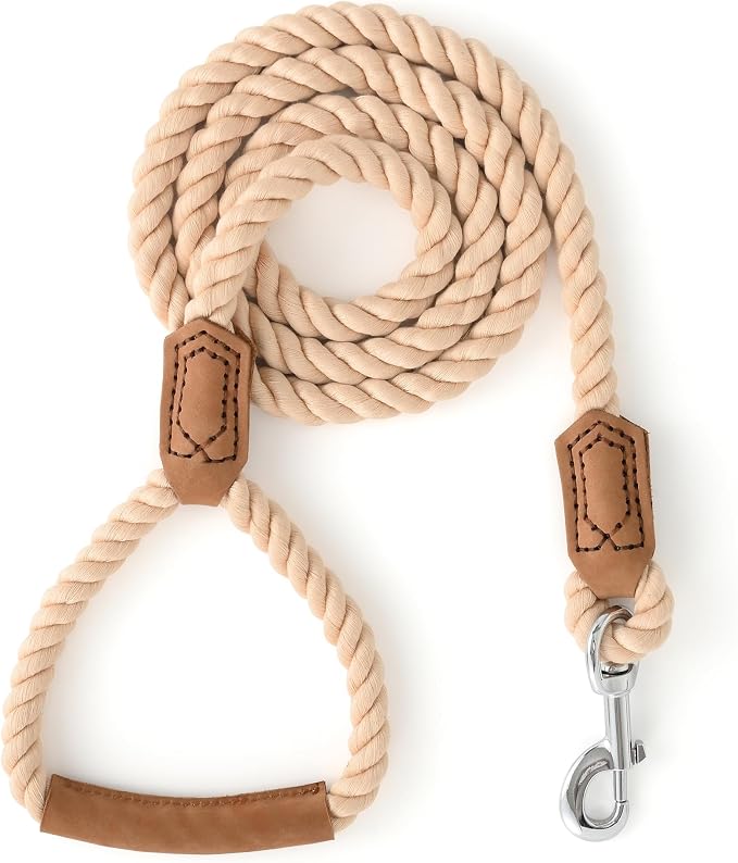 Mile High Life Dog Leash Braided Cotton Rope w/Leather-Wrapped Ends/Handle | Rust-proof 360° swivel clasp, Heavy-duty for medium/large dogs. Great for weddings, daily walks (6 FT, 1/2", Light Brown)