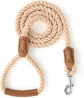 Mile High Life Dog Leash Braided Cotton Rope w/Leather-Wrapped Ends/Handle | Rust-proof 360° swivel clasp, Heavy-duty for medium/large dogs. Great for weddings, daily walks (6 FT, 1/2", Light Brown)