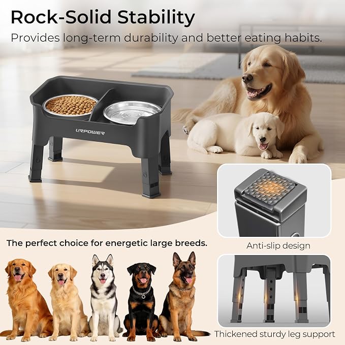 URPOWER Mess Proof Elevated Dog Bowls, Splash Guard Raised Bowl Stand | 4 Height Adjustable Raised Stand with 2 Stainless Steel Food Bowls & Licking Plate for Small, Medium & Large Dogs