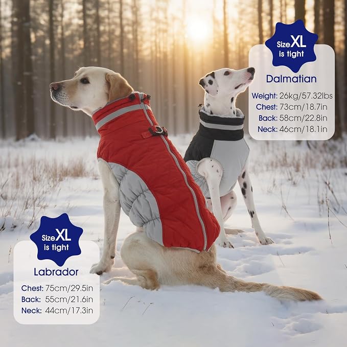 FUAMEY Dog Coat for Large Dogs, Fleece Dog Winter Jacket with Harness | Puppy Cold Weather Coats Reflective Pet Puffer Vest with Zipper Water-Resistant Warm Dogs Snowsuit Windproof Red XL