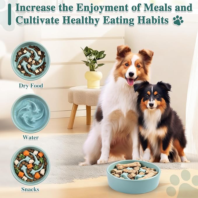 Ceramic Slow Feeder Dog Bowls, 0.6 Cups Dog Food Dish for Small Breed | Puzzle Dog Food Bowl for Fast Eater, 15OZ, 6.3 inch (Light Green)