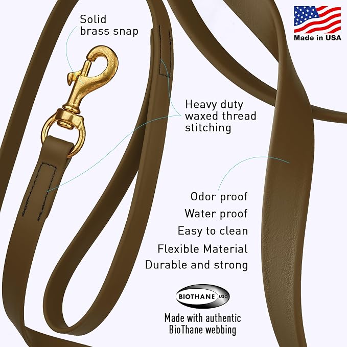 Viper Biothane K9 Working Dog Leash Waterproof Lead for Tracking Training Schutzhund Odor-Proof Long Line with Solid Brass Snap for Puppy Medium and Large Dogs, 20ft Coyote Brown