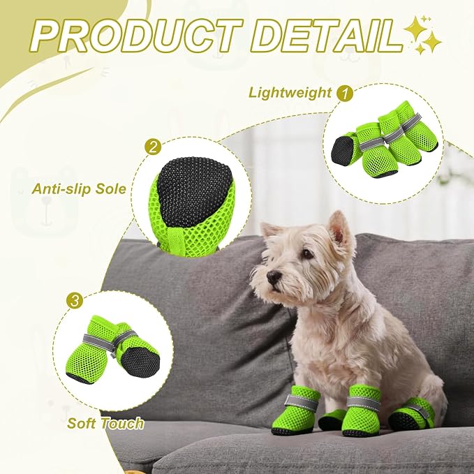 Dog Boots Paw Protector, Reflective Adjustable Non Slip Mesh Summer Breathable Dog Shoes Dog Walking Boots (L Size, Green, 4 Pcs) Intended for Paws Waterproof for Dogs/Cat/Puppy