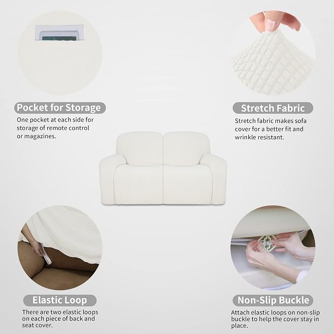 Easy-Going 100% Dual Waterproof Recliner Loveseat Cover, 6-Pieces Stretch Relining Sofa Cover with Pocket, Jacquard 2 Seat Sofa Slipcover Leakproof Washable (Loveseat, Cream)
