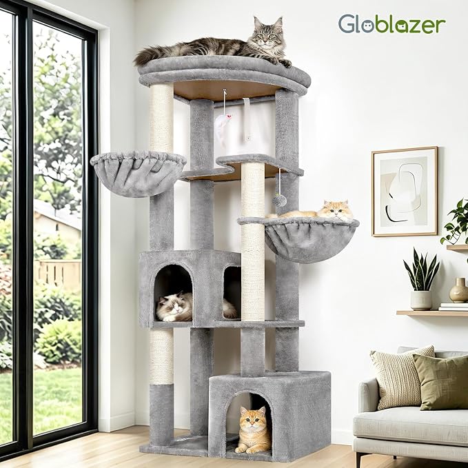 Globlazer C64 Heavy Duty Corner Cat Tree, 64in Large Cat Tower, Light Grey | Easy Setup, Maine Coon, Extra-Large Top Perch, 2 Condos, 2 Hanging Baskets, 4 Sisal Scratching Posts, Anti-Topple Strap