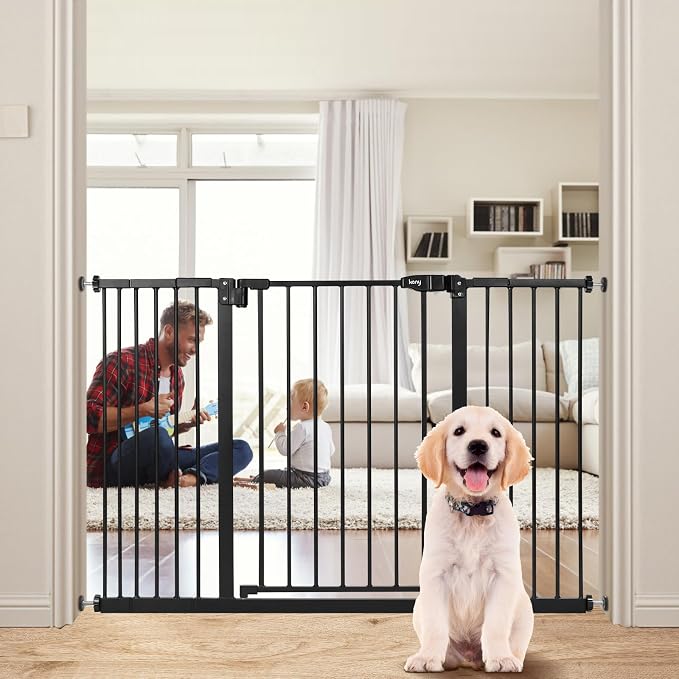 keny 29"-47.3" Extra Wide Baby Gate for Stairs, Auto Close Safety Dog Gate | Pressure Mounted No Drilling Pet Gate for Doorways, Easy Walk Through Stair Gate for Kids Todder, 30" Tall, Black