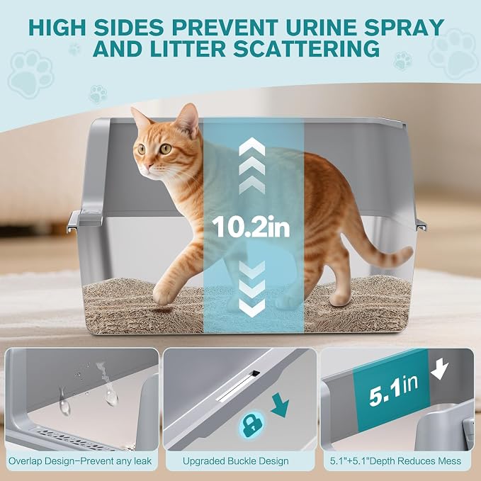 2PACK Stainless Steel Cat Litter Box, Metal Kitty Litter Box with High Sides for Small Cats,Kittens, Open Top Litter Boxes with Anti-Leak Lid,Odorless,Non-Sticky, Easy to Clean,Scoop Include,M