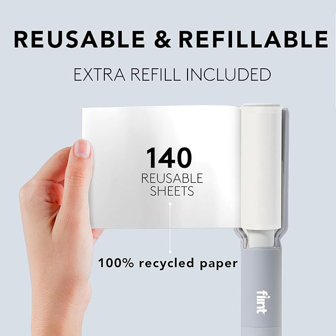Plus XL Retractable Lint Remover & Pet Hair Roller for Clothes – Refillable & Reusable Lint Roller with 140 Extra Sticky Tear-Off Sheets – Value Pack, Light Grey