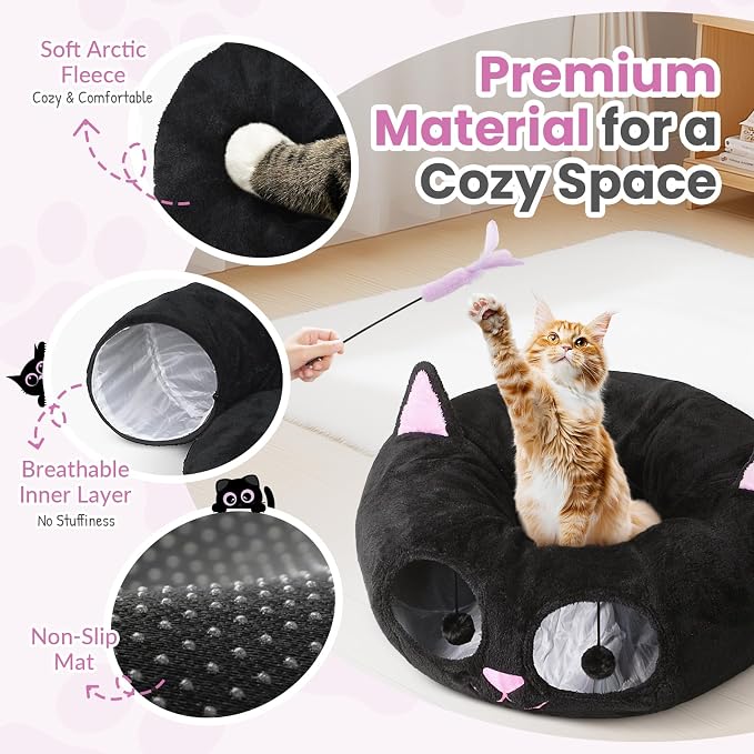 Baseola Fuzzy Cat Tunnel Bed for Indoor Cats, 2-in-1 Interactive Cat Toys | Peekaboo Cat Cave with Washable Mat, Collapsible Cat Play Tunnel for Kittens & Small Pets, Cat Donut Bed Tunnel, Black Pink