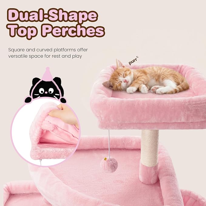 SHA CERLIN 82 inch Cat Tree Tower, Multi-Level Cat Condo with Plush Perches, Sisal Scratching Posts, Hammock and Toys, Stable Cat Tower for Kittens and Adult Cats, Pink
