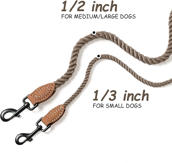 Mile High Life Dog Leash Braided Cotton Rope with Leather-Reinforced Ends | Rust-proof 360° swivel clasp, Heavy-duty for small/medium breeds. Great for weddings, daily walks (5 FT, 1/3", Camel)