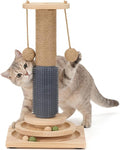 4-in-1 Solid Wood Cat Scratching Post with Self-Groomer, Medium Size | Natural Sisal Scratcher with 2-Level Track Ball Toy, Interactive Cat Tree and Furniture Protector for Indoor Cats