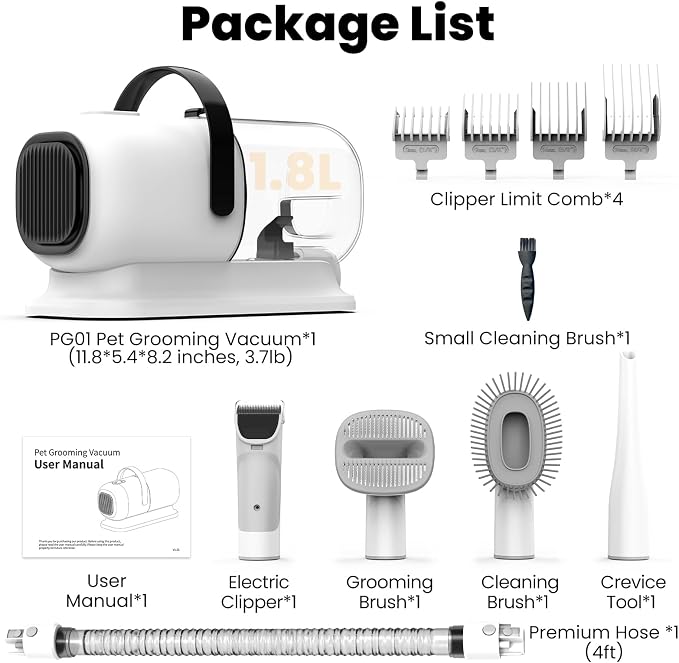FIXR Dog Grooming Vacuum, All-in-One Pet Grooming Kit with Hair Clipper & Shedding Brush, Low Noise 12,000Pa Dog Hair Remover Vacuum, Pet Groomer Set with Cleaning Brushes, PG01
