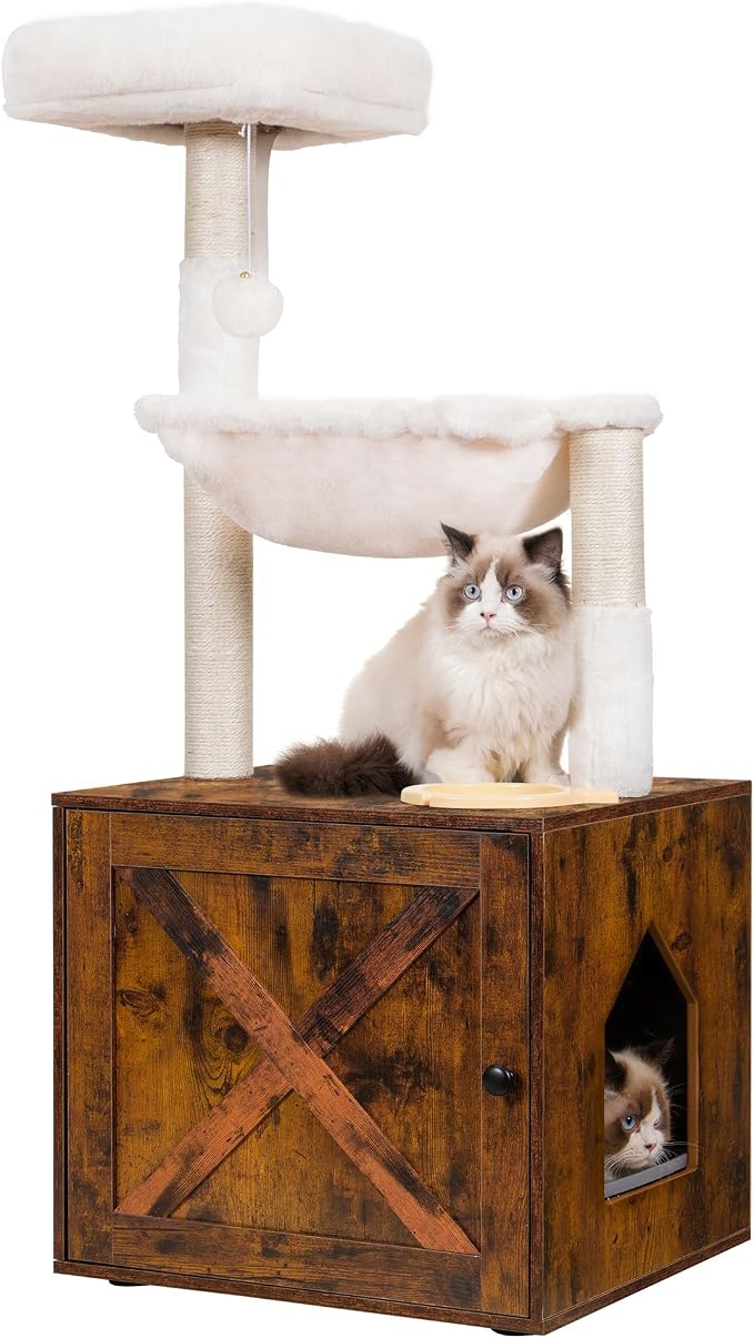 Hey-brother Cat Tree Tower, Litter Box Enclosure, Food Station, MPJ100SR | 47.24 Inches Wooden All-in-one Cat House, Large Hammock, Bed, Scratching Posts, Modern Style for Indoor Cats, Rustic Brown