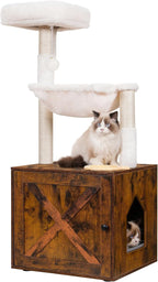 Hey-brother Cat Tree Tower, Litter Box Enclosure, Food Station, MPJ100SR | 47.24 Inches Wooden All-in-one Cat House, Large Hammock, Bed, Scratching Posts, Modern Style for Indoor Cats, Rustic Brown