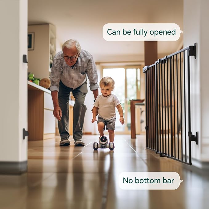 Babelio 31.5-55" No Bottom Bar Baby Gate Extra Wide, 2-in-1 Auto Close Dog Gate for The House, Stairs and Doorways, with Large Walk Thru Door, Black | Easy Install| One-handed Opening| Auto-close| Drill Needed Indoor Safety Dog/Pet Gate for Stairs, Hal...