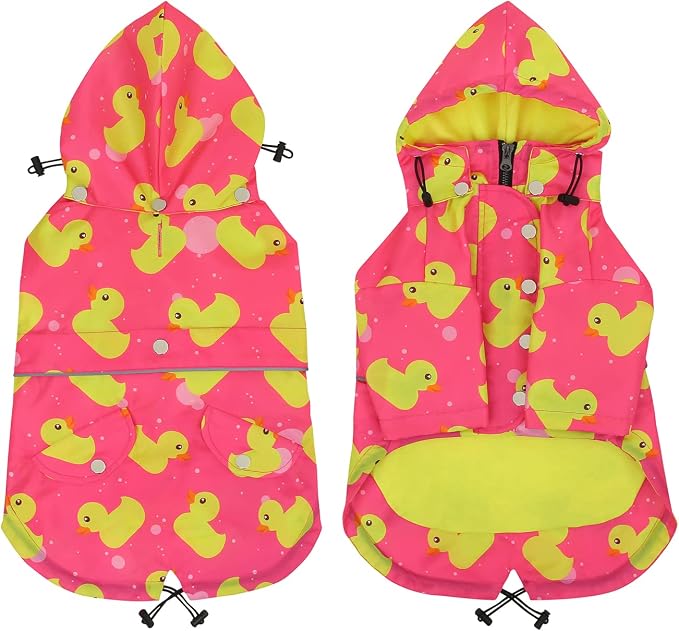 HDE Dog Raincoat Poncho Double Layer Zip Rain Jacket with Removable Hood, Leash Hole for Small to 3XL Dogs and Puppies Ducks Pink - L