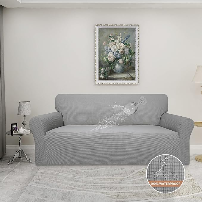Easy-Going 100% Waterproof Couch Cover, 3 Cushion Oversized Sofa Cover | Leakproof Sofa Slipcover, Stretch Jacquard Furniture Protector Against Stain Spill from Kids, Pets, Dog, Light Gray