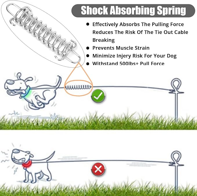 jenico Dog Tie Out Cable, 10/15/20/30/40/50/70/100/150FT Runner Cable with Swivel Hook and Shock Spring, Dog Leash Run Tether for Yard Outdoor and Camping,for Small to Medium Pets Up to 500 LBS